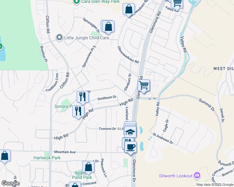 map of restaurants, bars, coffee shops, grocery stores, and more near 1785 Sonora Drive in Kelowna