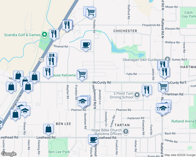 map of restaurants, bars, coffee shops, grocery stores, and more near 580 McCurdy Road in Kelowna