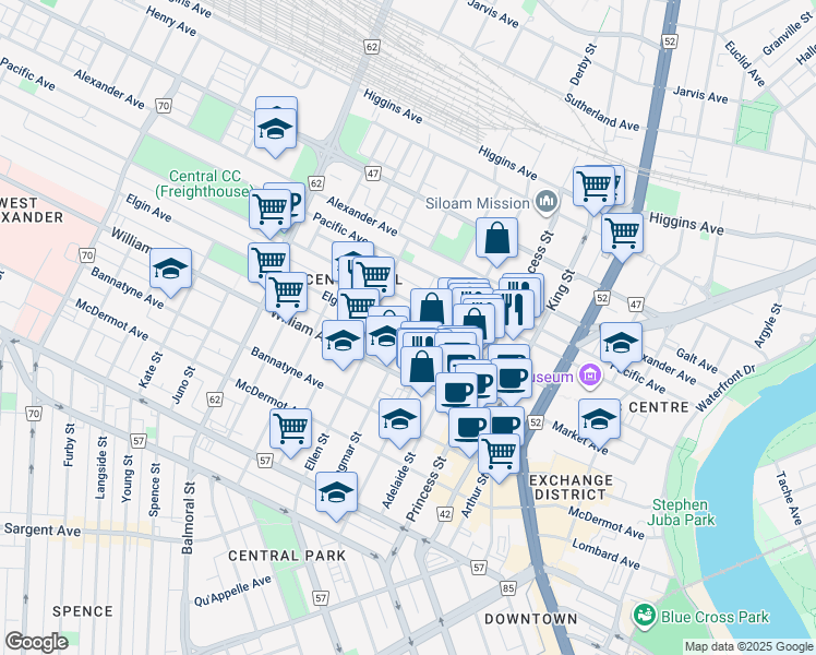 map of restaurants, bars, coffee shops, grocery stores, and more near 377 Elgin Avenue in Winnipeg