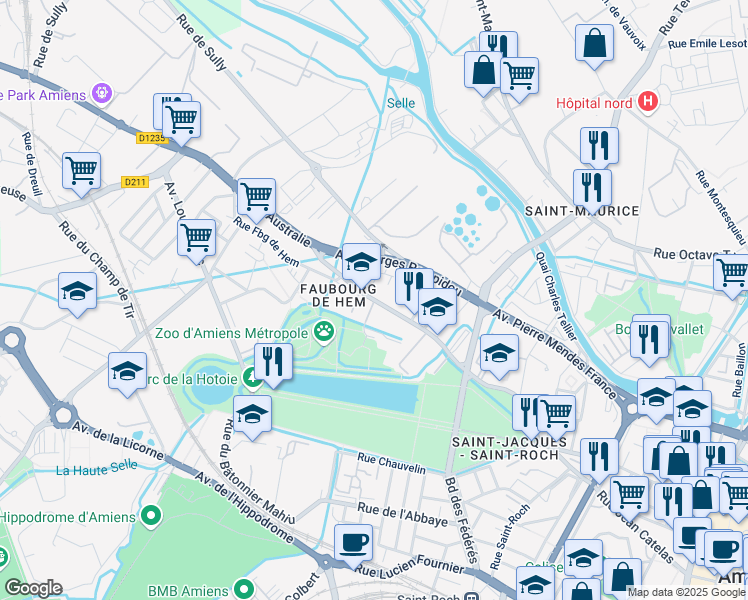 map of restaurants, bars, coffee shops, grocery stores, and more near 101 Rue du Faubourg de Hem in Amiens
