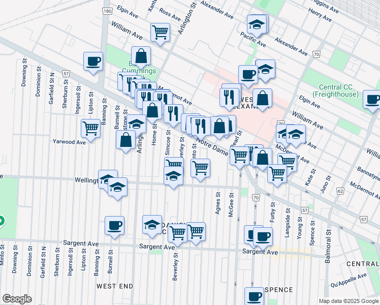 map of restaurants, bars, coffee shops, grocery stores, and more near 774 Toronto Street in Winnipeg