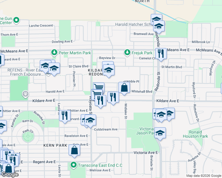 map of restaurants, bars, coffee shops, grocery stores, and more near 64 Brighton Court in Winnipeg