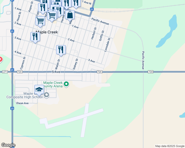 map of restaurants, bars, coffee shops, grocery stores, and more near 604 Griffin Street in Maple Creek