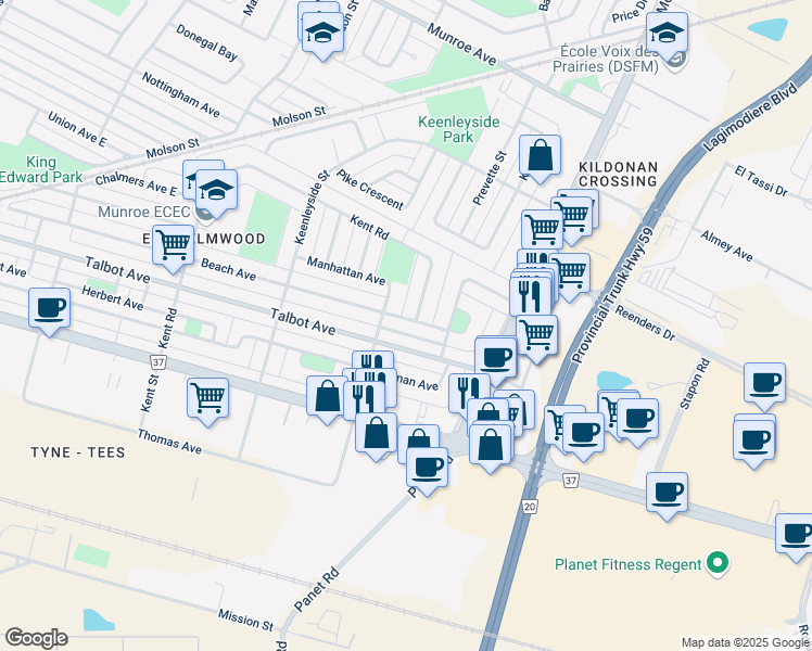 map of restaurants, bars, coffee shops, grocery stores, and more near 1062 Beach Avenue in Winnipeg