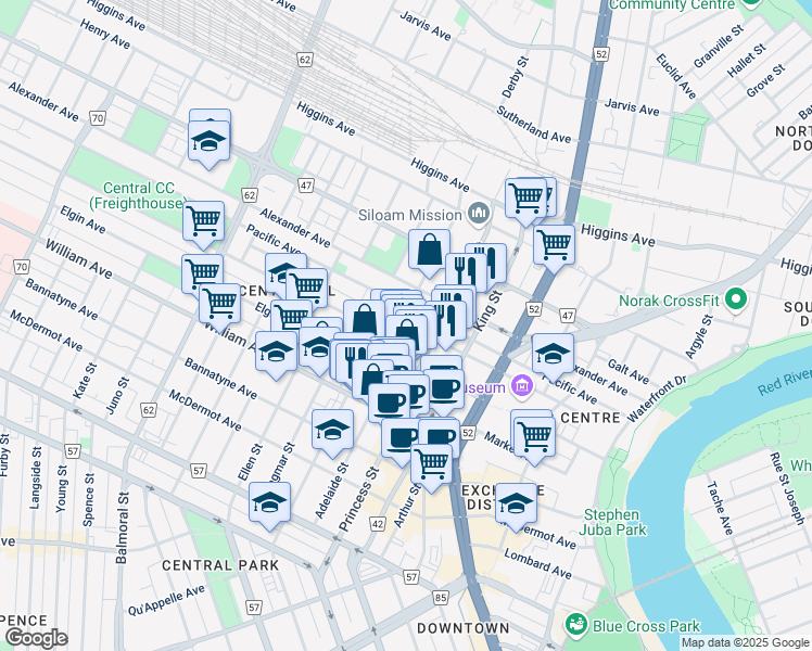 map of restaurants, bars, coffee shops, grocery stores, and more near Paulin Street in Winnipeg