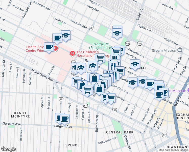 map of restaurants, bars, coffee shops, grocery stores, and more near Kate Street in Winnipeg