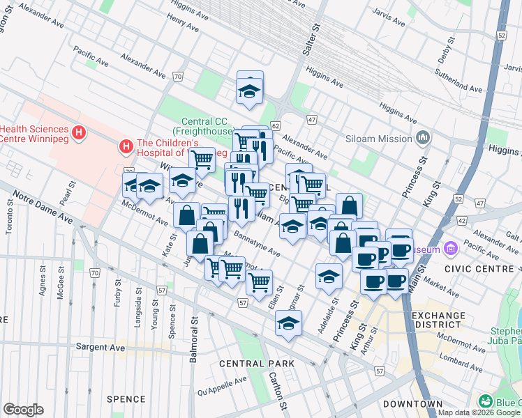 map of restaurants, bars, coffee shops, grocery stores, and more near 461 William Avenue in Winnipeg