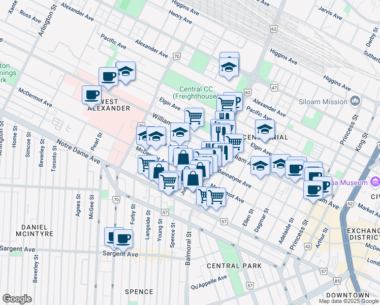 map of restaurants, bars, coffee shops, grocery stores, and more near 543 Bannatyne Avenue in Winnipeg
