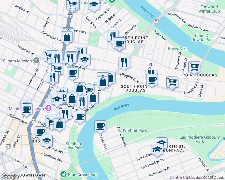 map of restaurants, bars, coffee shops, grocery stores, and more near in Winnipeg