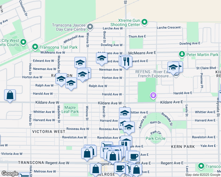 map of restaurants, bars, coffee shops, grocery stores, and more near in Winnipeg