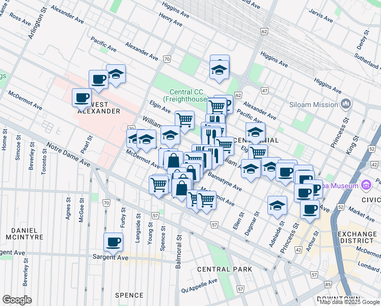 map of restaurants, bars, coffee shops, grocery stores, and more near 121 Juno Street in Winnipeg