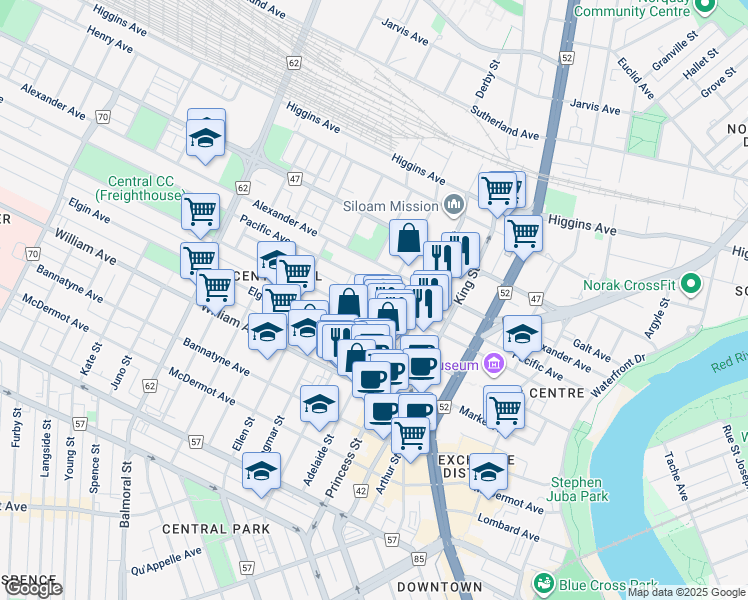 map of restaurants, bars, coffee shops, grocery stores, and more near 346 Pacific Avenue in Winnipeg