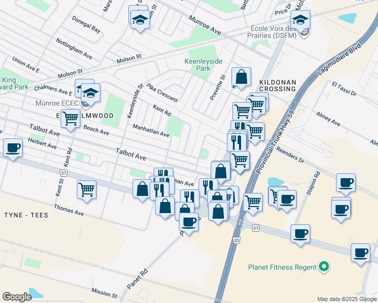 map of restaurants, bars, coffee shops, grocery stores, and more near 1062 Beach Avenue in Winnipeg