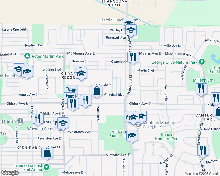 map of restaurants, bars, coffee shops, grocery stores, and more near 14 Crossgate Road in Winnipeg