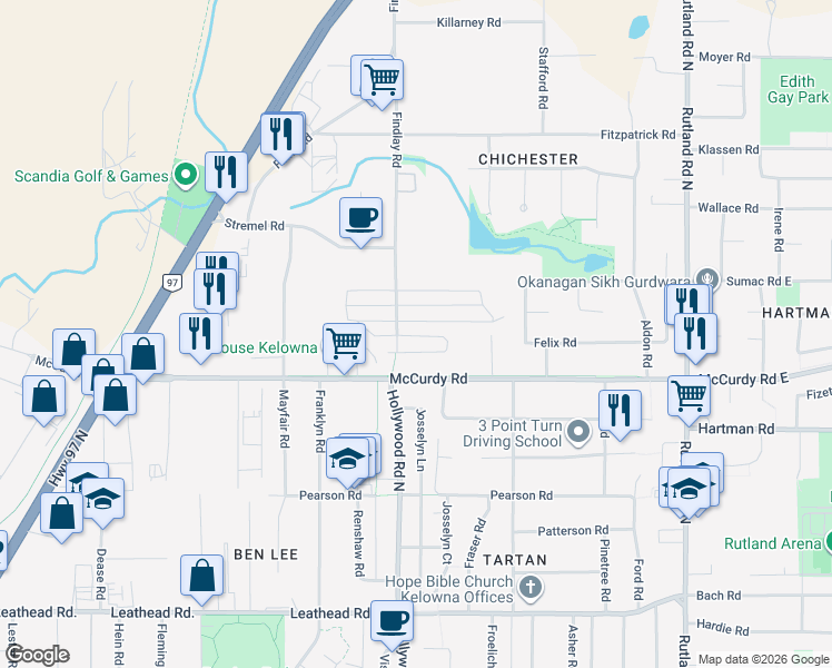 map of restaurants, bars, coffee shops, grocery stores, and more near 580 McCurdy Road in Kelowna