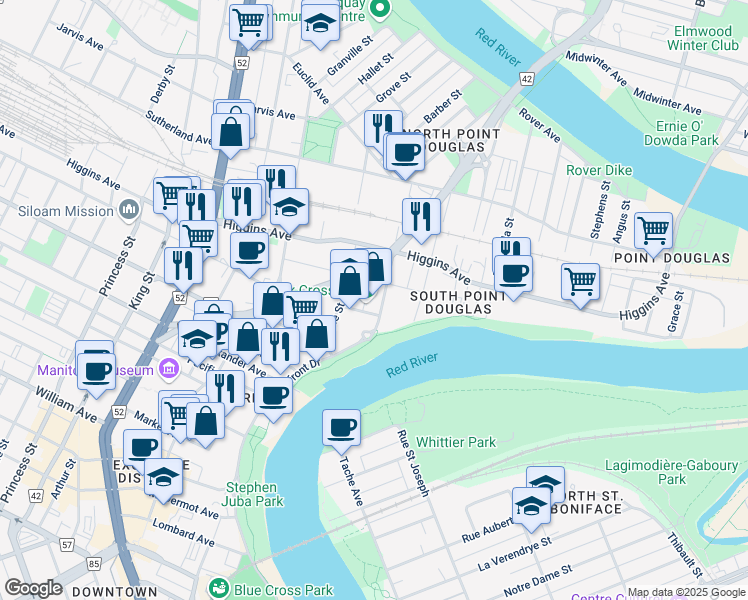 map of restaurants, bars, coffee shops, grocery stores, and more near 530 Waterfront Drive in Winnipeg