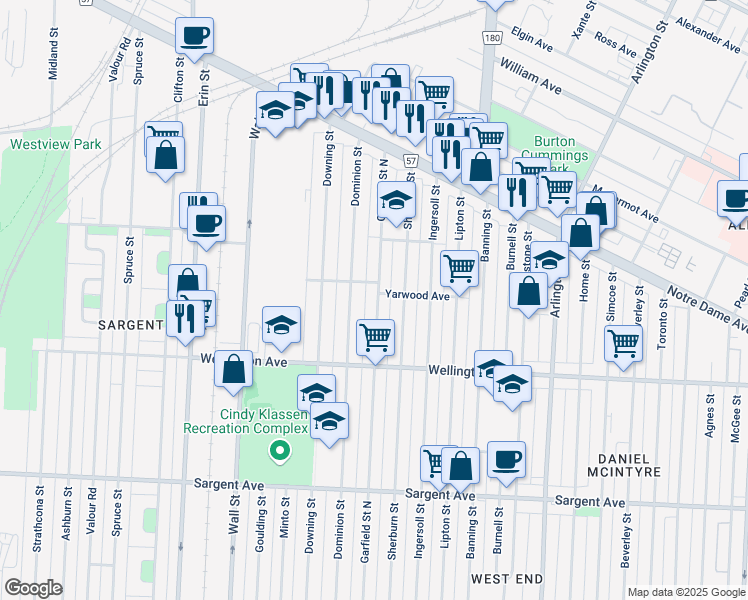 map of restaurants, bars, coffee shops, grocery stores, and more near 1070 Garfield Street North in Winnipeg