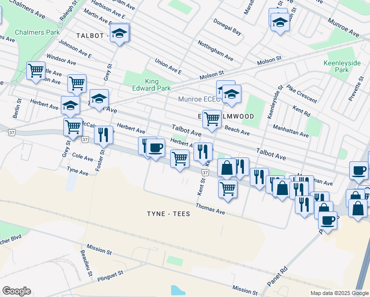 map of restaurants, bars, coffee shops, grocery stores, and more near 919 McCalman Avenue in Winnipeg
