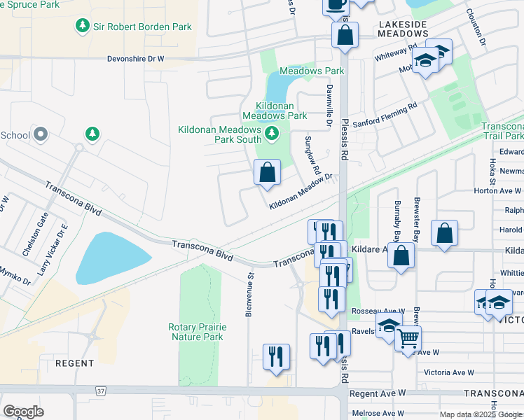 map of restaurants, bars, coffee shops, grocery stores, and more near 114 Kildonan Meadow Drive in Winnipeg