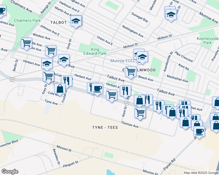 map of restaurants, bars, coffee shops, grocery stores, and more near 899 McCalman Avenue in Winnipeg