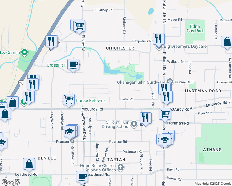 map of restaurants, bars, coffee shops, grocery stores, and more near 1090 Felix Road in Kelowna