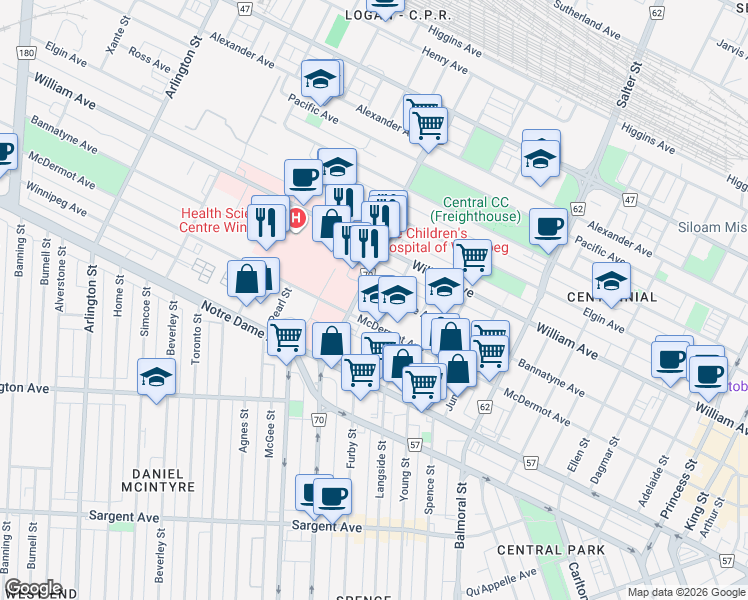 map of restaurants, bars, coffee shops, grocery stores, and more near 810 Sherbrook Street in Winnipeg