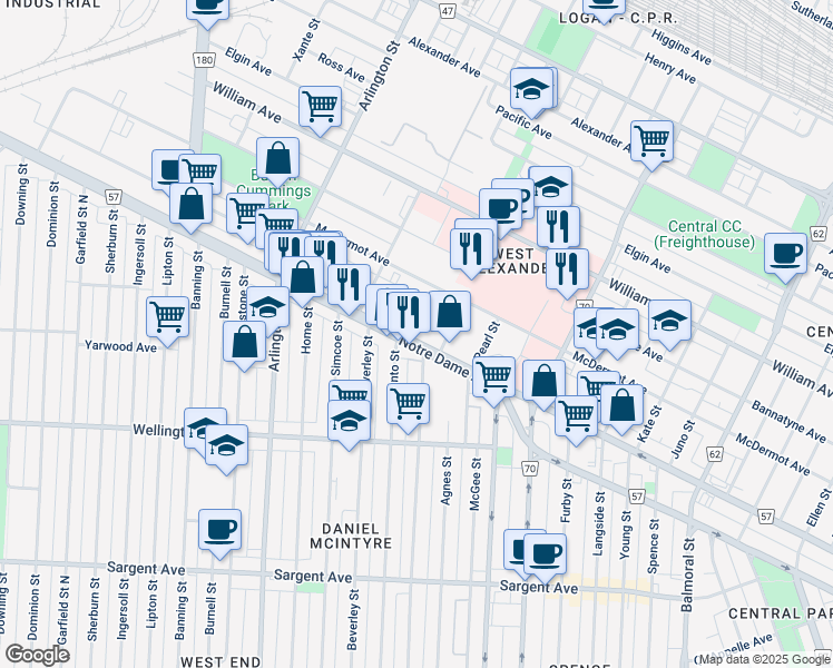 map of restaurants, bars, coffee shops, grocery stores, and more near 765 Notre Dame Avenue in Winnipeg