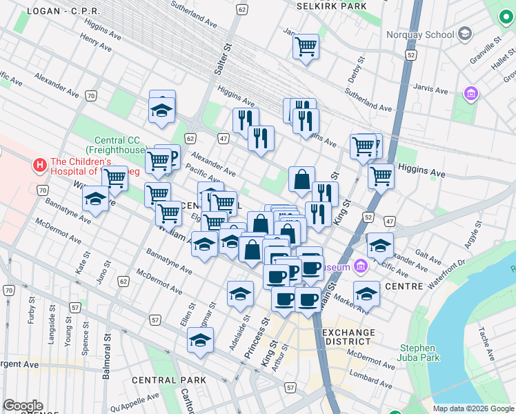 map of restaurants, bars, coffee shops, grocery stores, and more near 370 Pacific Avenue in Winnipeg