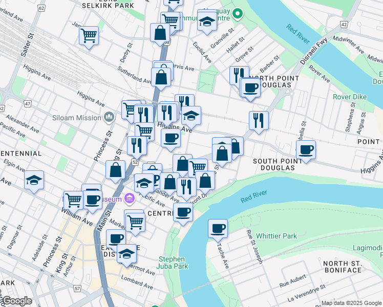 map of restaurants, bars, coffee shops, grocery stores, and more near 190 Disraeli Freeway in Winnipeg