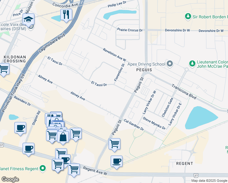 map of restaurants, bars, coffee shops, grocery stores, and more near 85 Fiorentino Street in Winnipeg