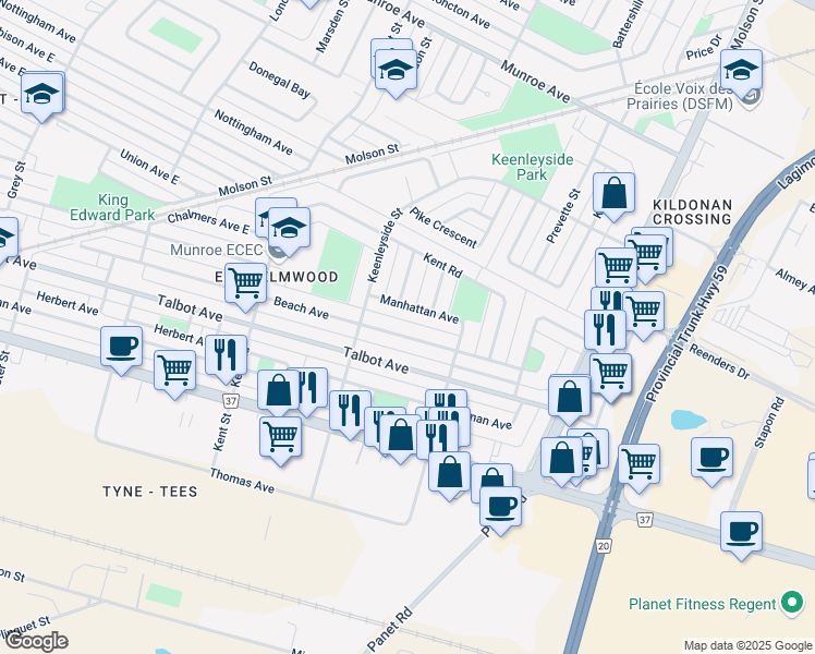 map of restaurants, bars, coffee shops, grocery stores, and more near 309 Milford Street in Winnipeg