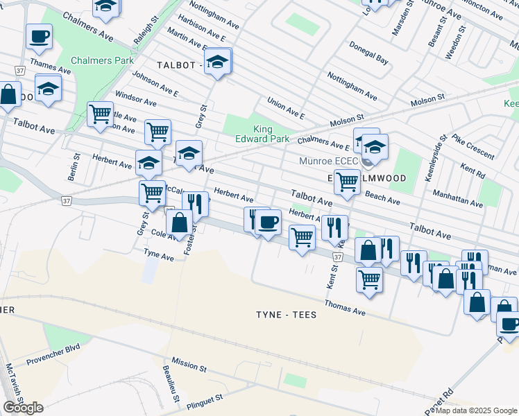 map of restaurants, bars, coffee shops, grocery stores, and more near 851 McCalman Avenue in Winnipeg