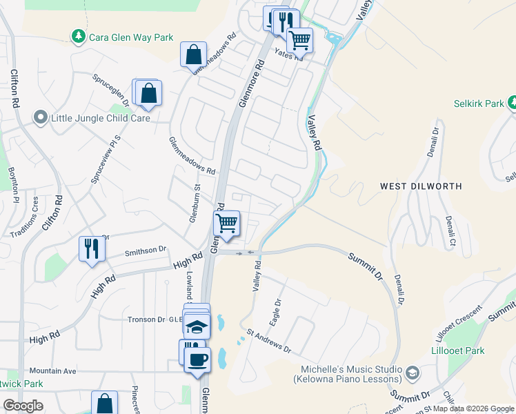 map of restaurants, bars, coffee shops, grocery stores, and more near in Kelowna