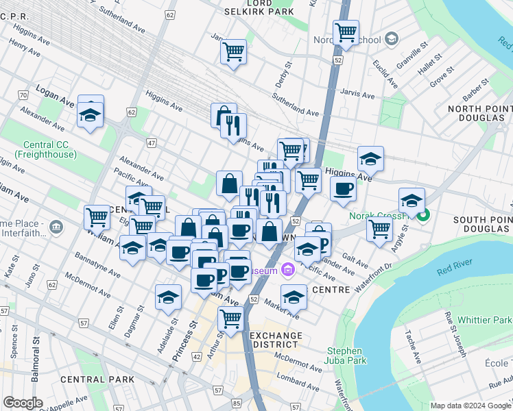 map of restaurants, bars, coffee shops, grocery stores, and more near in Winnipeg