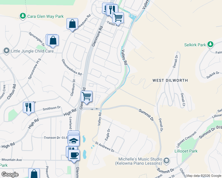 map of restaurants, bars, coffee shops, grocery stores, and more near 680 Valley Road in Kelowna