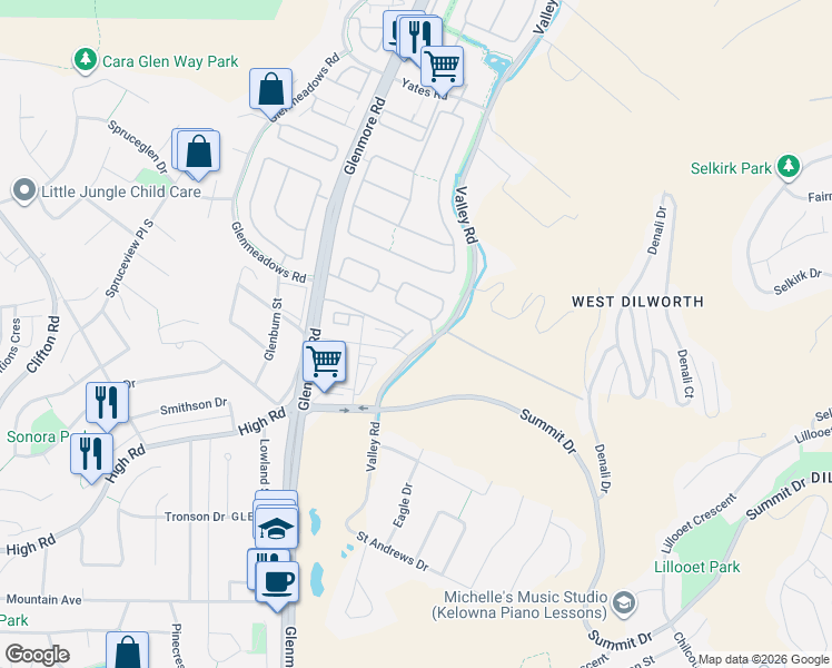 map of restaurants, bars, coffee shops, grocery stores, and more near 680 Valley Road in Kelowna