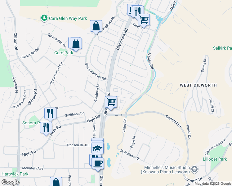map of restaurants, bars, coffee shops, grocery stores, and more near 724 Valley Road in Kelowna
