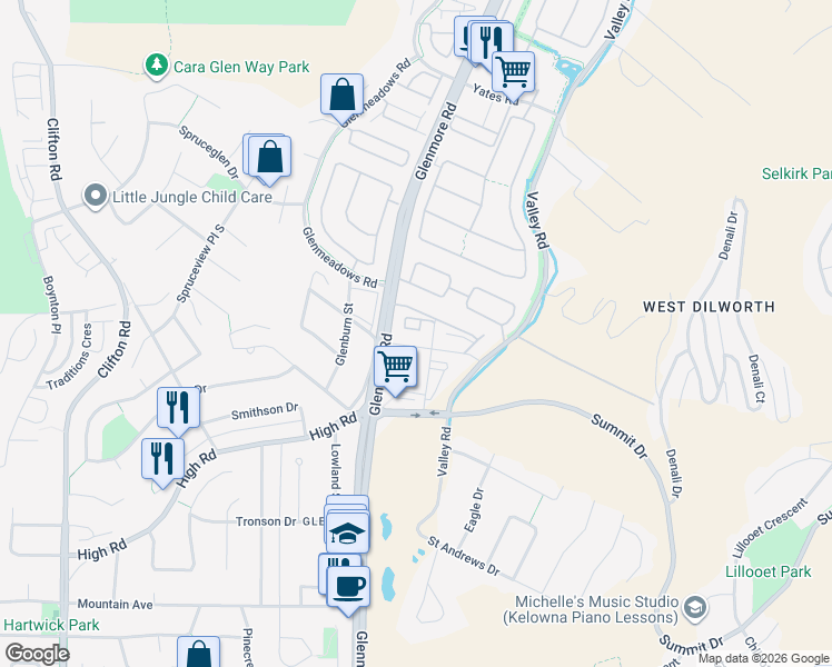 map of restaurants, bars, coffee shops, grocery stores, and more near 724 Valley Road in Kelowna