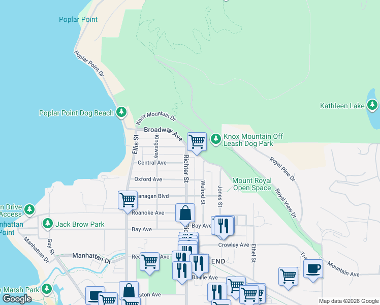 map of restaurants, bars, coffee shops, grocery stores, and more near 648 Richter Street in Kelowna