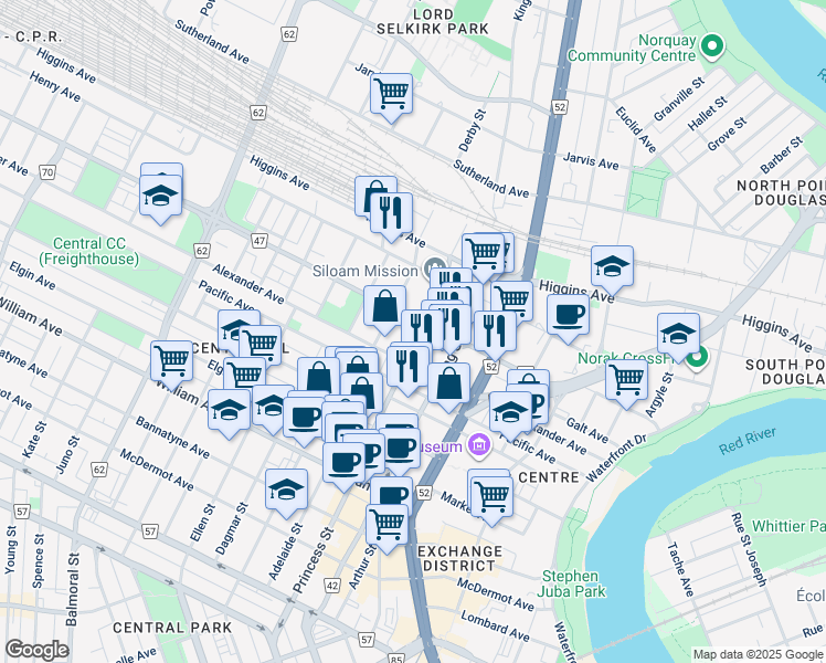 map of restaurants, bars, coffee shops, grocery stores, and more near 260 Princess Street in Winnipeg