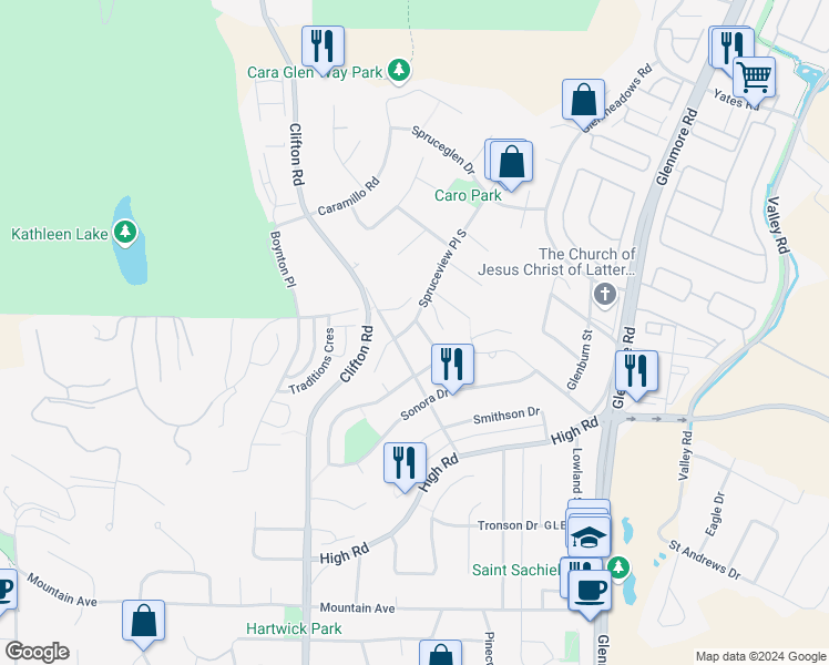 map of restaurants, bars, coffee shops, grocery stores, and more near 1702 Lindsay Drive in Kelowna