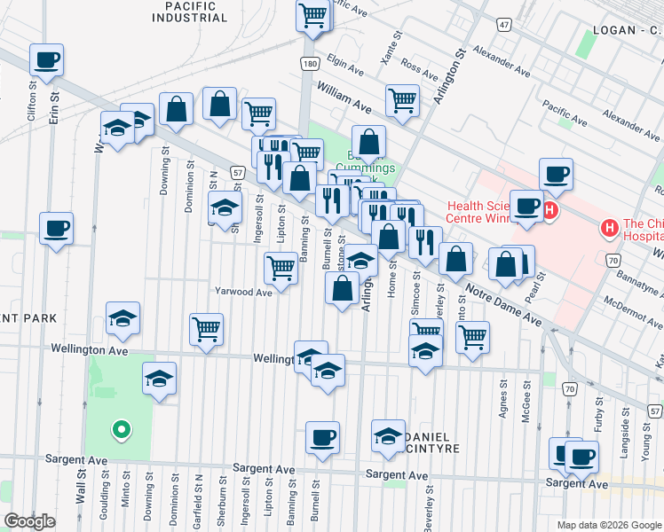 map of restaurants, bars, coffee shops, grocery stores, and more near 874 Alverstone Street in Winnipeg