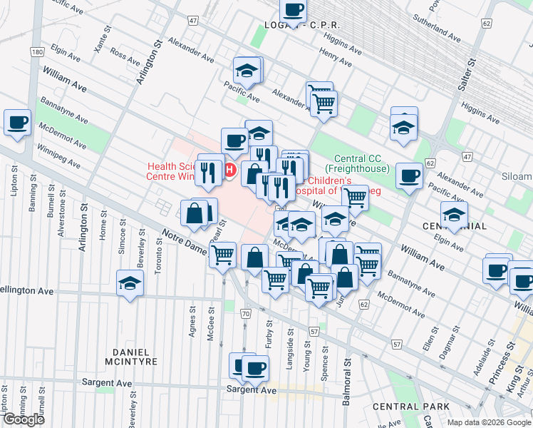 map of restaurants, bars, coffee shops, grocery stores, and more near 810 Sherbrook Street in Winnipeg