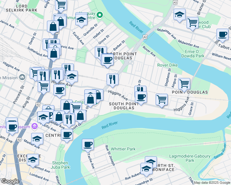 map of restaurants, bars, coffee shops, grocery stores, and more near 121 Gomez Street in Winnipeg