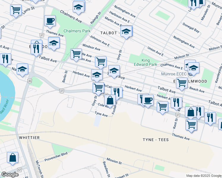 map of restaurants, bars, coffee shops, grocery stores, and more near 742 McCalman Avenue in Winnipeg