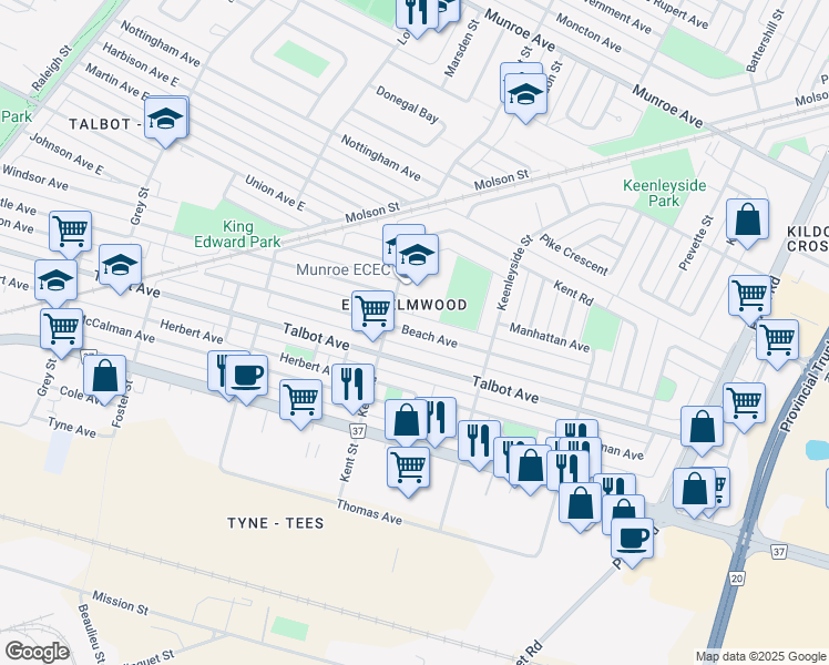 map of restaurants, bars, coffee shops, grocery stores, and more near Beach Avenue in Winnipeg