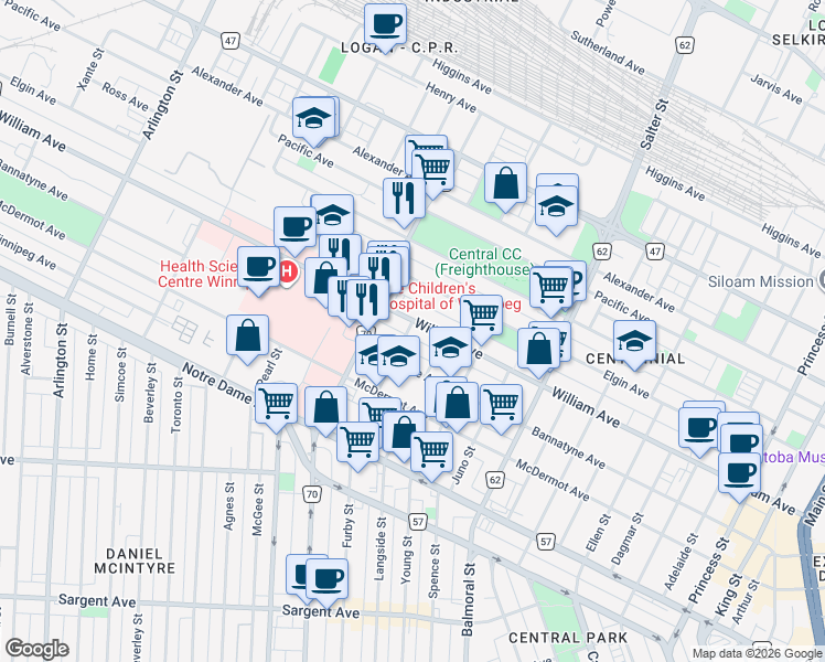 map of restaurants, bars, coffee shops, grocery stores, and more near 620 William Avenue in Winnipeg
