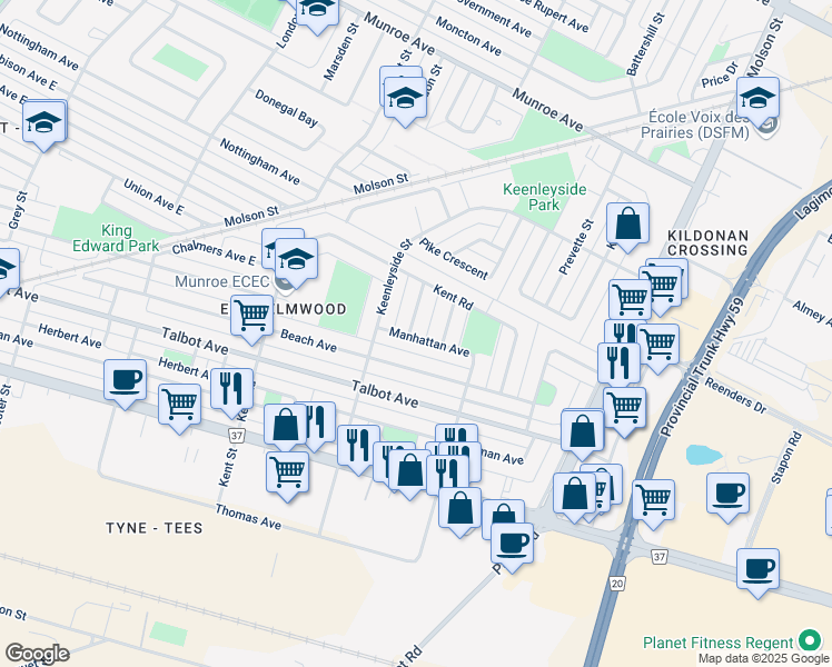map of restaurants, bars, coffee shops, grocery stores, and more near 309 Milford Street in Winnipeg