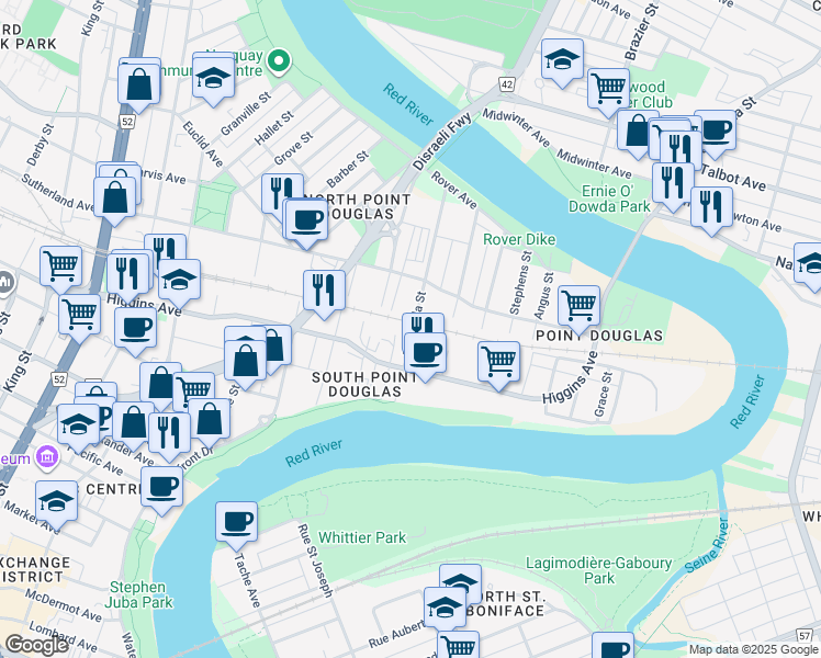 map of restaurants, bars, coffee shops, grocery stores, and more near 90 Annabella Street in Winnipeg