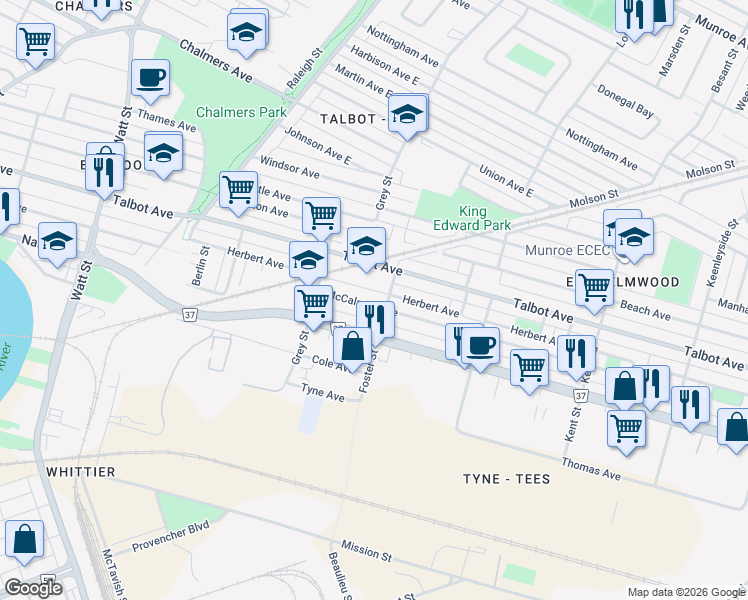 map of restaurants, bars, coffee shops, grocery stores, and more near 759 McCalman Avenue in Winnipeg